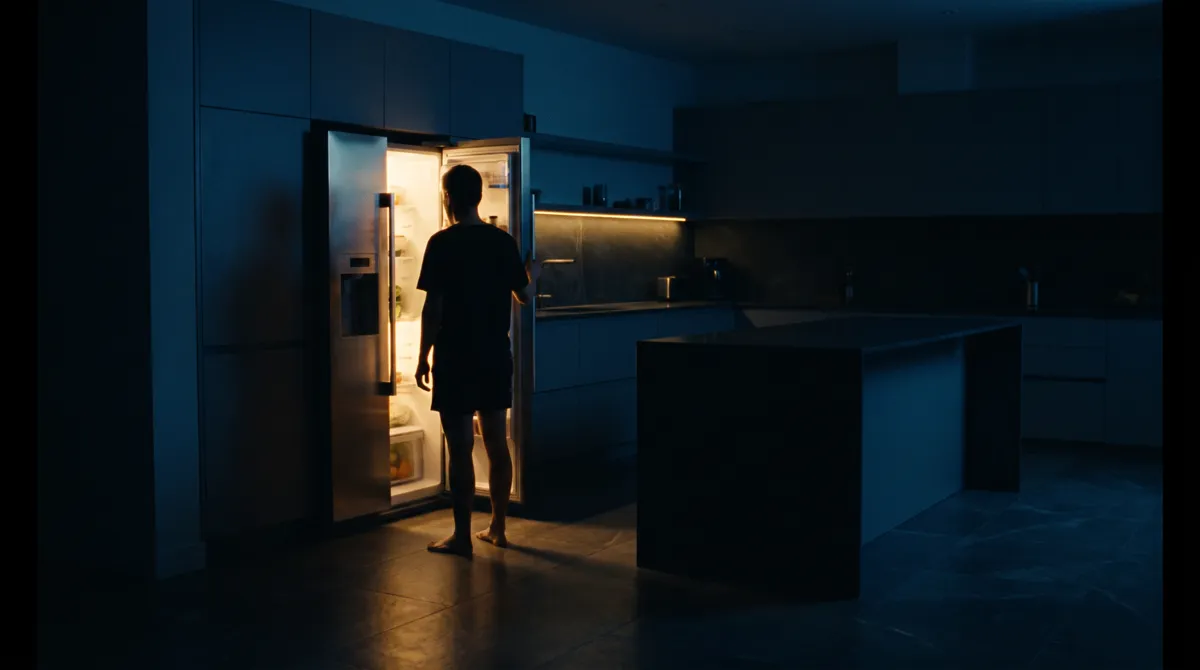 N&auml;chtlicher Hei&szlig;hunger &mdash; Silhouette vor dem offenen K&uuml;hlschrank