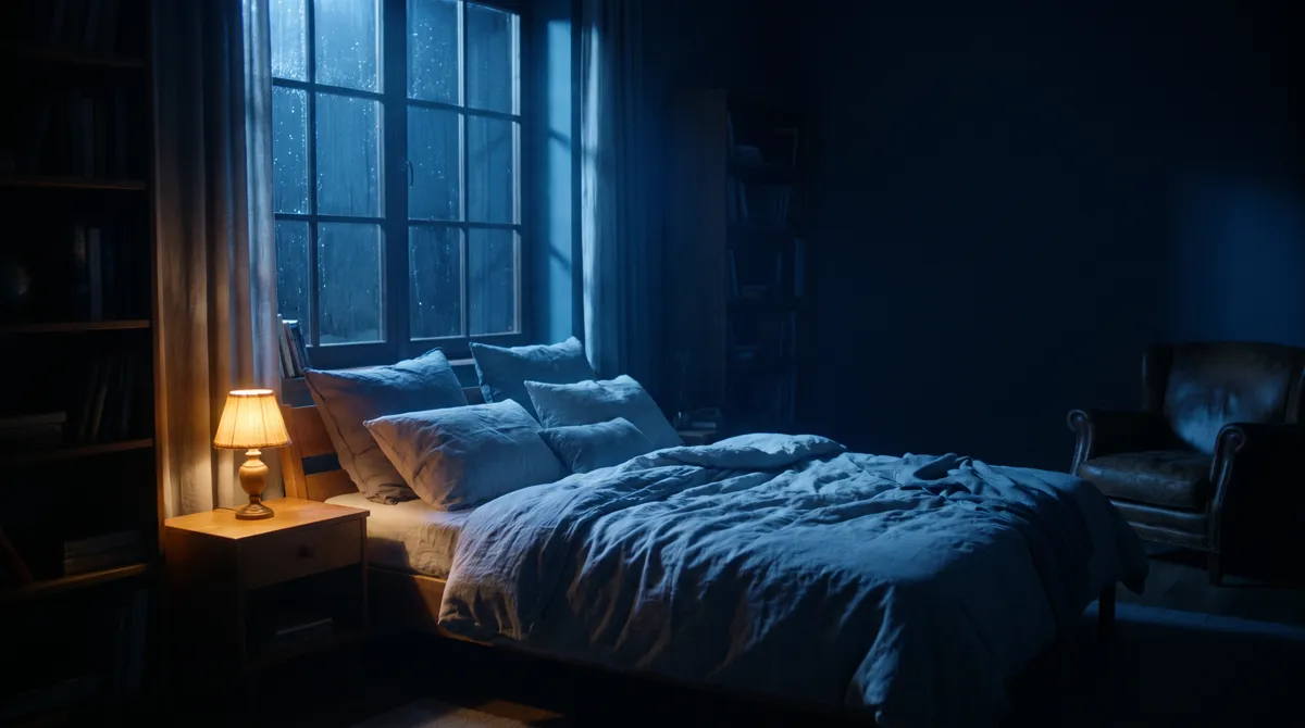 Mondblaues Schlafzimmer mit warmem Lampenlicht